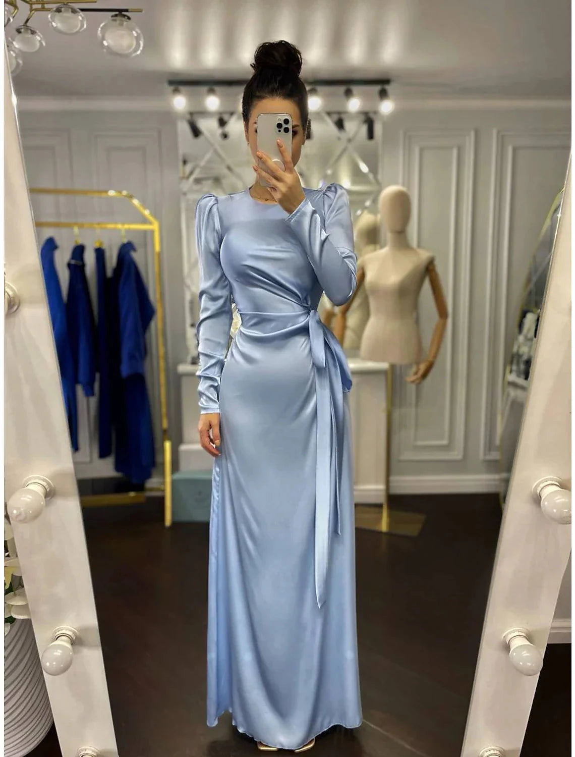 Sheath Party Dress Evening Gown Elegant Dress Wedding Guest Fall Floor Length Long Sleeve High Neck Bridesmaid Dress Satin with Ruched by YiHuiw