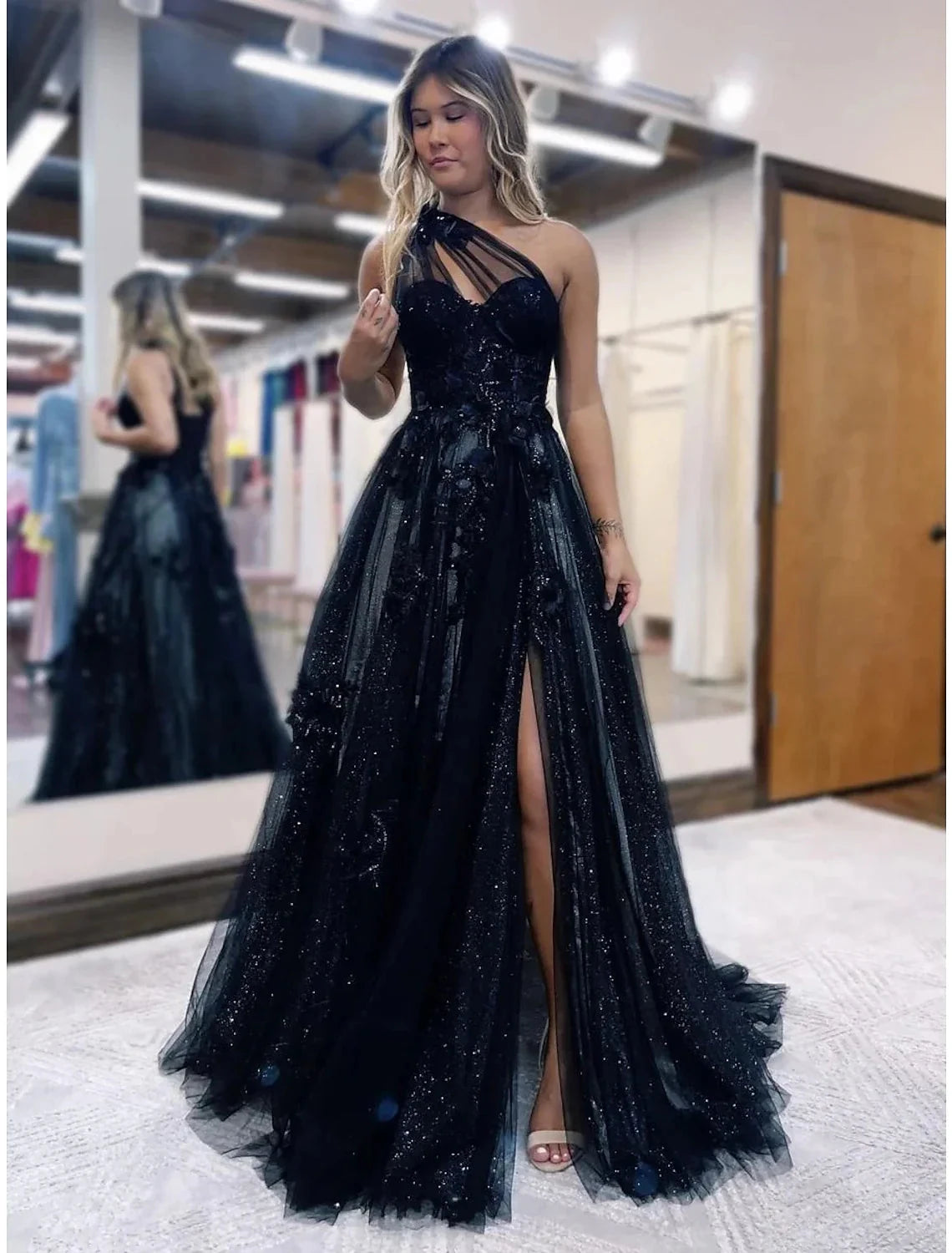 A-Line Prom Dresses Color Block Dress Formal Wedding Party Sweep / Brush Train Sleeveless One Shoulder Tulle Backless with Pleats Appliques by YiHuiw