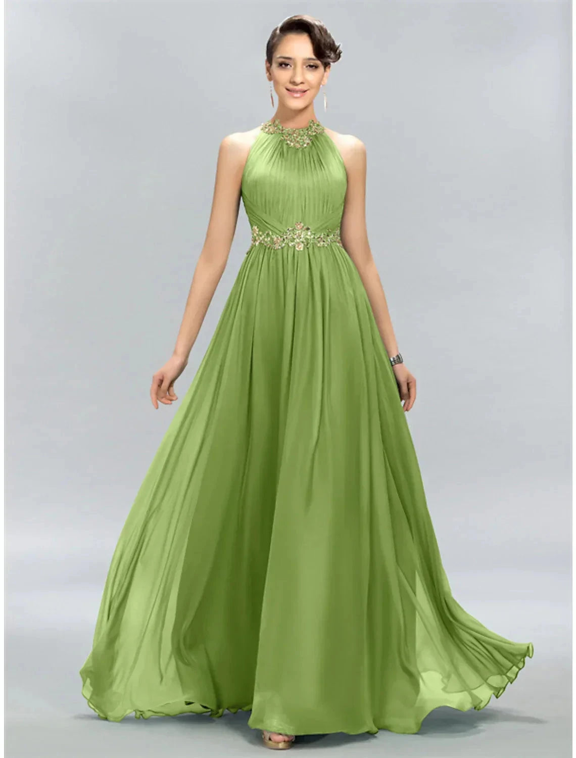 A-Line Wedding Guest Dresses Maxi Dress Party Wear Floor Length Sleeveless Halter Chiffon with Ruched Appliques by YiHuiw