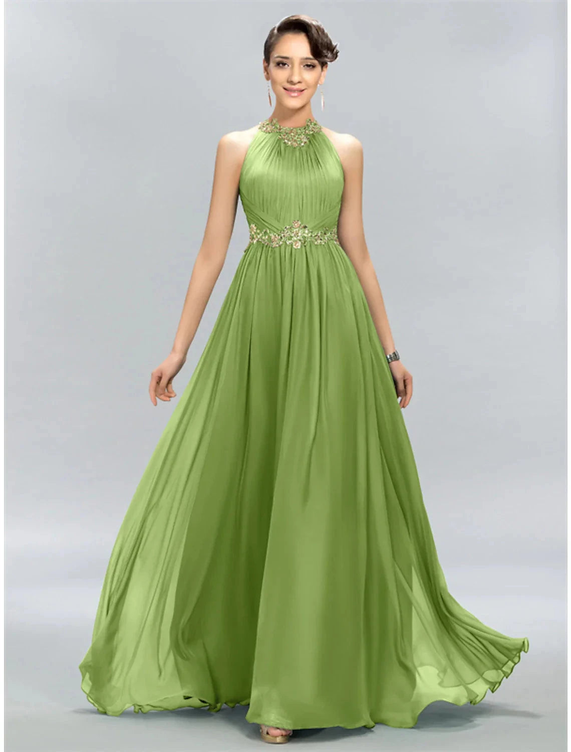 A-Line Wedding Guest Dresses Maxi Dress Party Wear Wedding Party Floor Length Sleeveless Halter Neck Chiffon with Ruched Appliques by YiHuiw