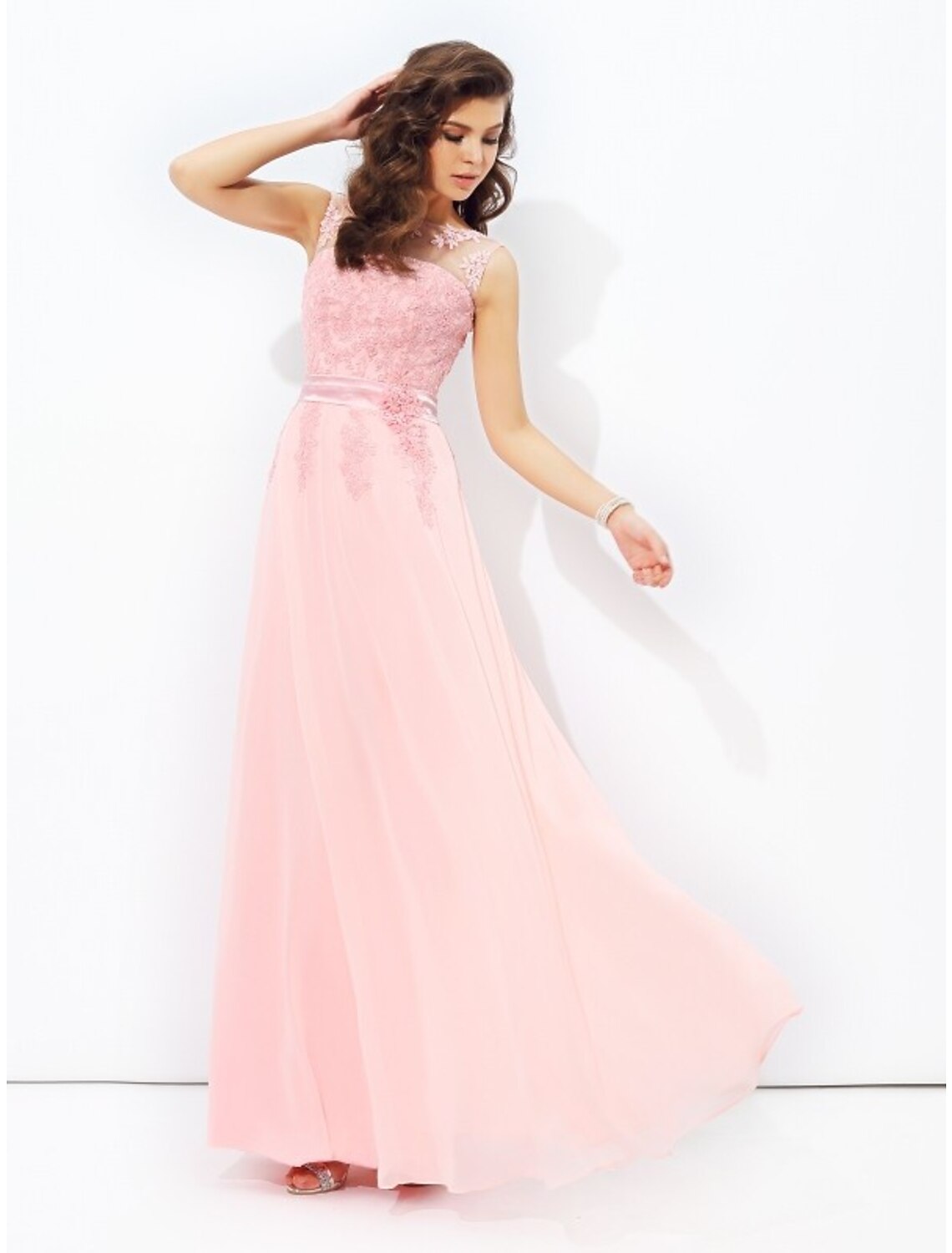 A-Line Prom Dresses Sparkle & Shine Dress Formal Wedding Guest Floor Length Sleeveless Jewel Neck Chiffon with Appliques by YiHuiw