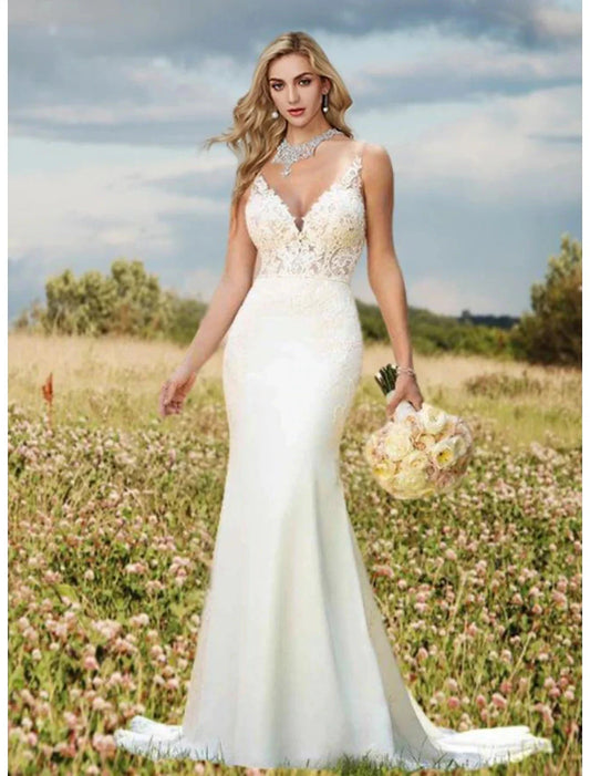 Engagement Open Back Sexy Formal Wedding Dresses Mermaid / Trumpet V Neck Sleeveless Court Train Lace Bridal Gowns With Appliques Summer Wedding Party Women's Clothing by YiHuiw