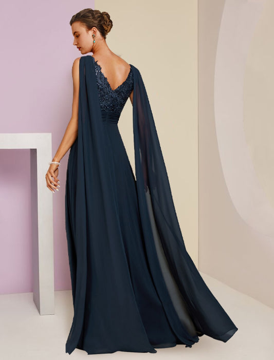 Sheath / Column Mother of the Bride Dress Formal Party Elegant V Neck Floor Length Chiffon Lace Sleeveless with Pleats Sequin by YiHuiw