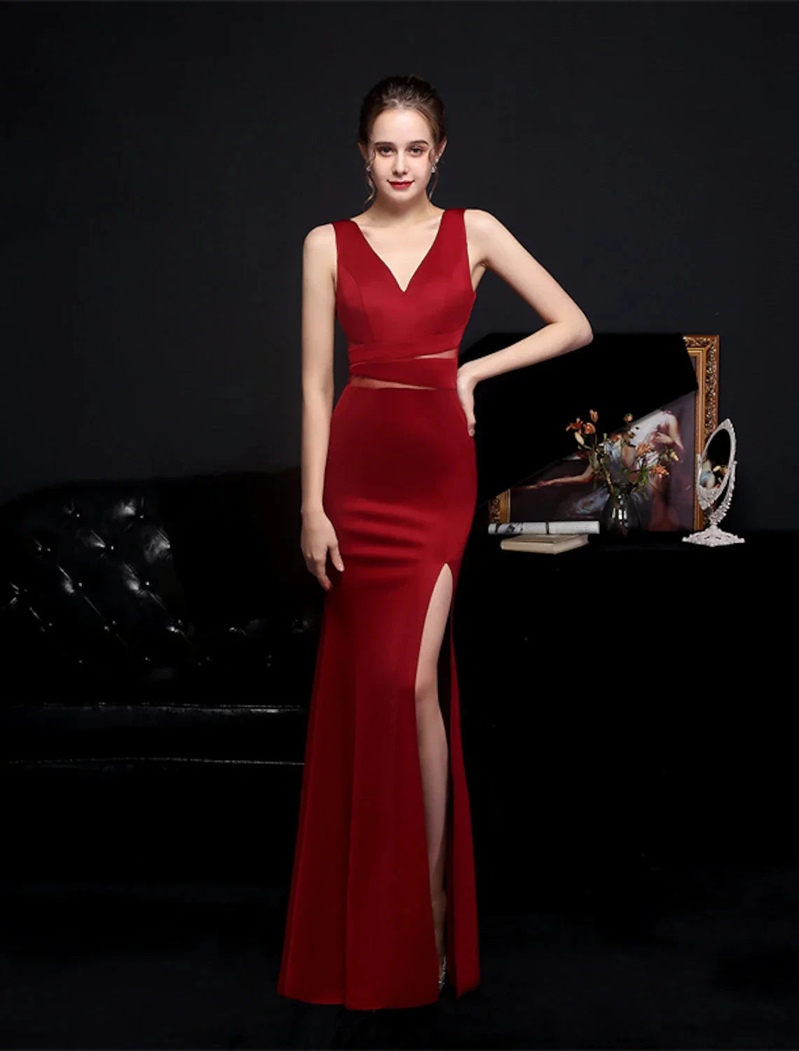 Mermaid / Trumpet Prom Dresses Elegant Dress Formal Wedding Guest Floor Length Sleeveless V Neck Polyester with Slit by YiHuiw