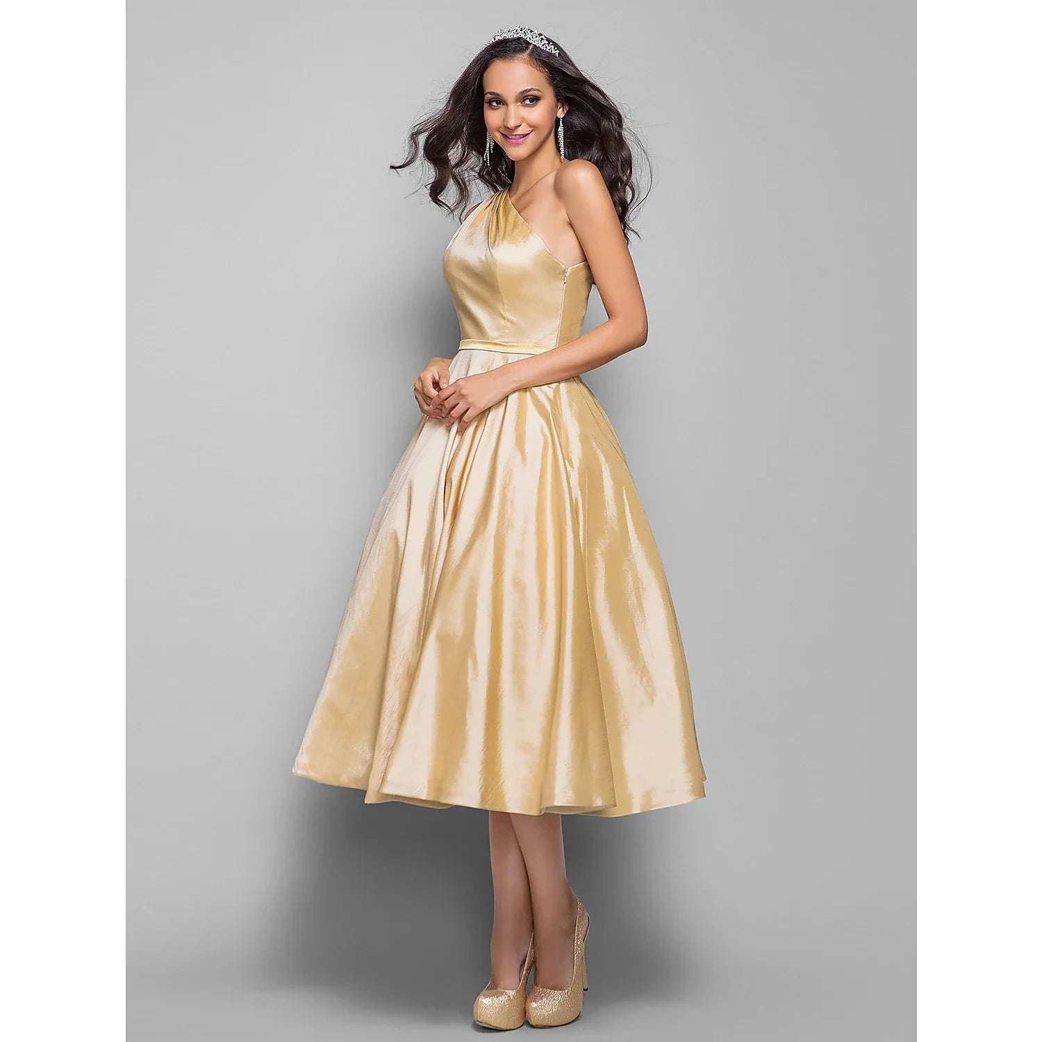 A-Line Minimalist Elegant Cocktail Party Wedding Party Dress One Shoulder Sleeveless Tea Length Taffeta with Sash / Ribbon by YiHuiw