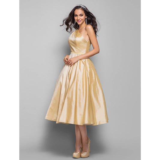 A-Line Minimalist Elegant Cocktail Party Wedding Party Dress One Shoulder Sleeveless Tea Length Taffeta with Sash / Ribbon by YiHuiw