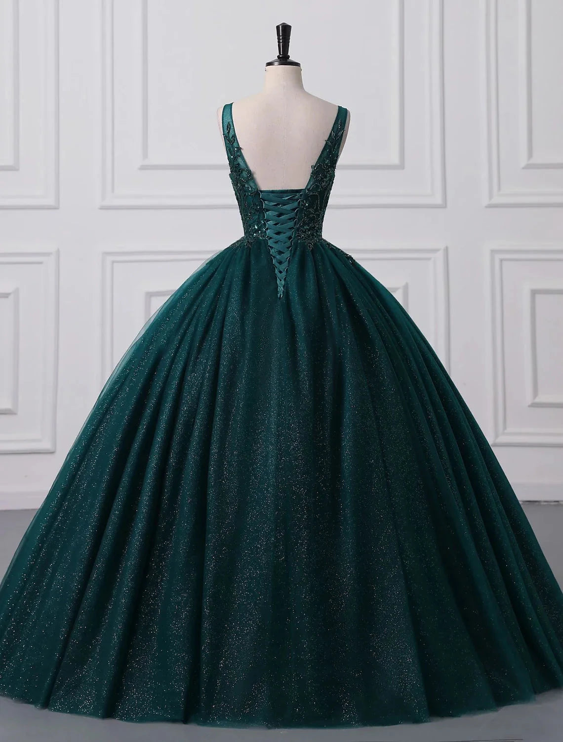 Ball Gown Prom Dresses Sparkle & Shine Dress Quinceanera Floor Length Sleeveless V Neck Tulle with Sequin Appliques by YiHuiw