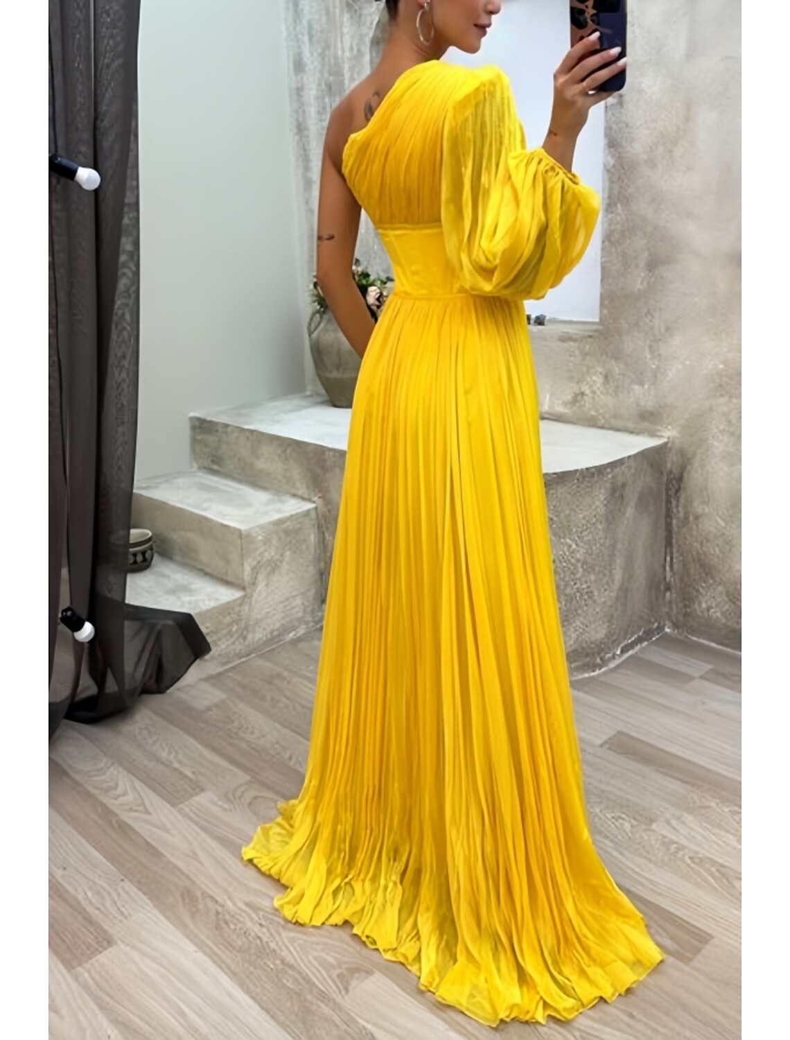 A-Line Evening Gown High Split Dress Formal Fall Sweep / Brush Train Long Sleeve One Shoulder Chiffon with Pleats Slit by YiHuiw