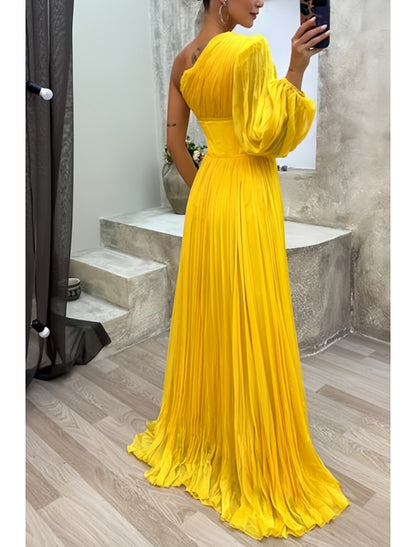 A-Line Evening Gown High Split Dress Formal Fall Sweep / Brush Train Long Sleeve One Shoulder Chiffon with Pleats Slit by YiHuiw