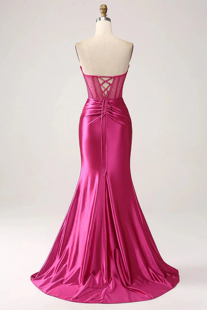 Glamuroso vestido de noche de satén con cola, escote corazón, sin tirantes, transparente, con pedrería, encaje, espalda con cordones y frunces, estilo sirena