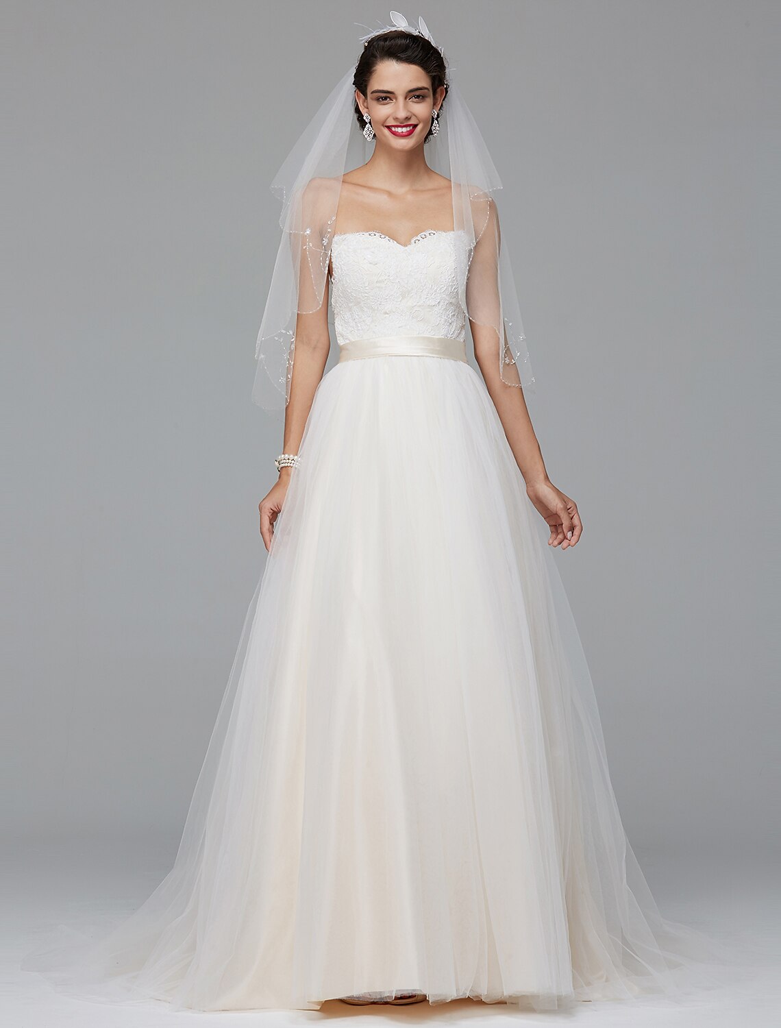 A-Line Wedding Dresses Sweetheart Neckline Court Train Lace Tulle Sleeveless Wedding Dress in Color with Sash / Ribbon Buttons by YiHuiw