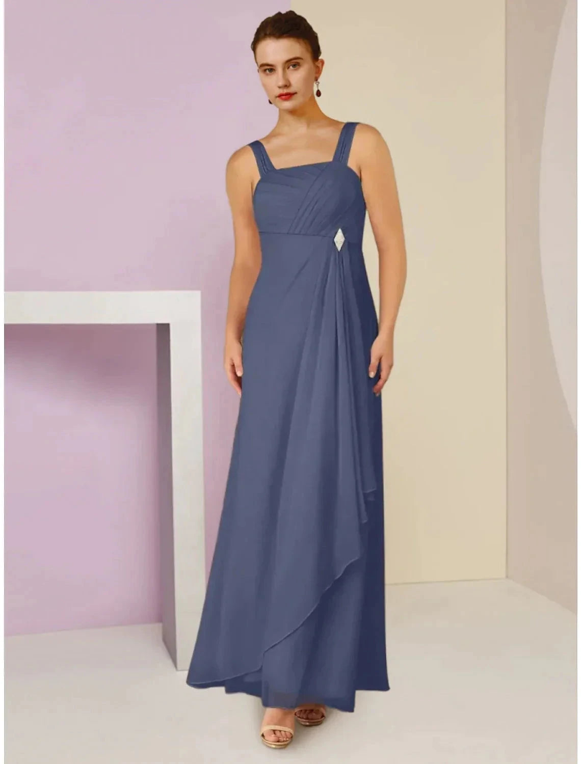 A-Line Mother of the Bride Dress Wedding Guest Elegant Square Neck Ankle Length Chiffon Long Sleeve with Crystal Brooch Ruching by YiHuiw