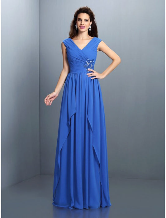 A-Line Evening Gown Sparkle & Shine Dress Wedding Guest Floor Length Sleeveless V Neck Chiffon with Rhinestone Ruched Sequin by YiHuiw