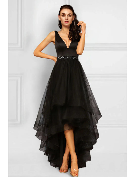 A-Line Cocktail Dresses Elegant Dress Party Wear Asymmetrical Sleeveless V Neck Organza with Rhinestone Ruffles by YiHuiw