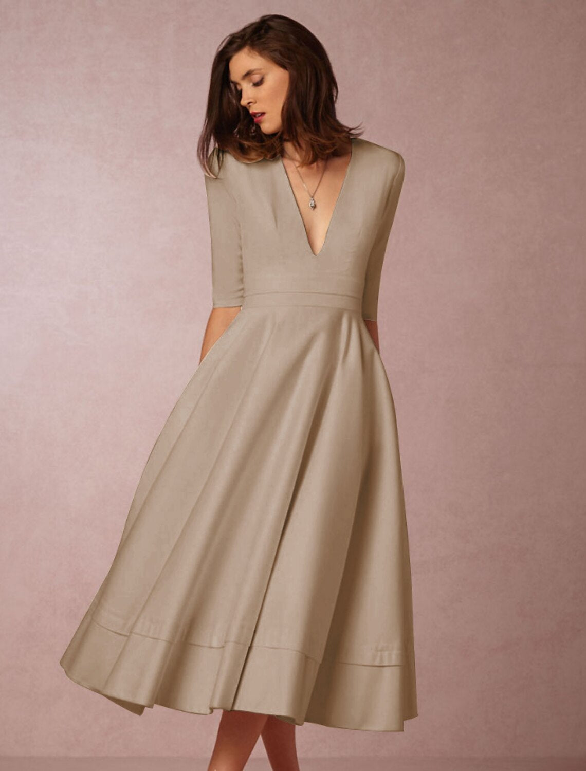 A-Line Special Occasion Dresses Party Dress Holiday Wedding Guest Tea Length Half Sleeve V Neck Pocket Jersey with Pleats White & Ivory ship in 48 hours by YiHuiw