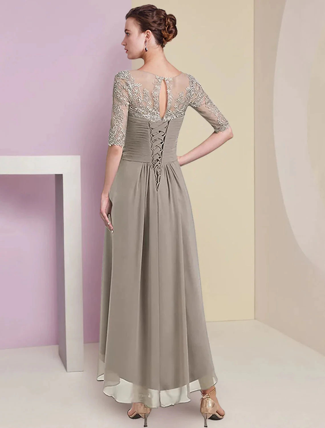 Two Piece A-Line Mother of the Bride Dress Formal Wedding Guest Elegant High Low V Neck Asymmetrical Tea Length Chiffon Lace Half Sleeve Wrap Included with Ruched Appliques by YiHuiw