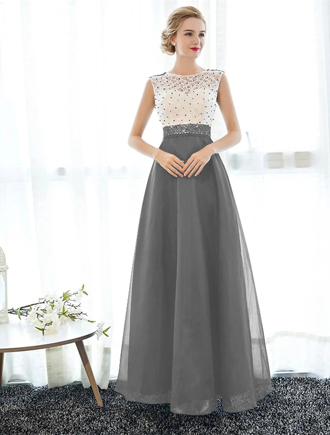 A-Line Beautiful Back Elegant Beaded & Sequin Prom Formal Evening Dress Illusion Neck Sleeveless Floor Length Tulle Over Lace with Beading by YiHuiw