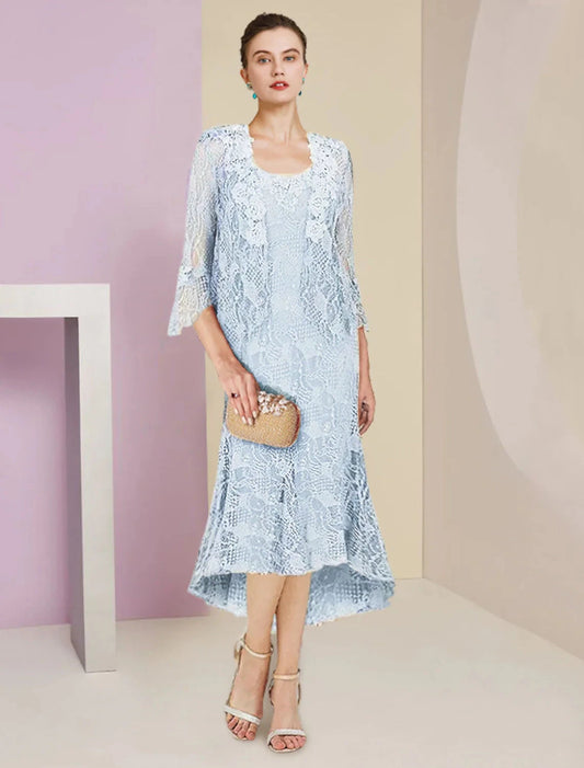Two Piece Mermaid / Trumpet Mother of the Bride Dress Formal Wedding Guest Elegant High Low Scoop Neck Asymmetrical Tea Length Lace Sleeveless Wrap Included with Solid Color by YiHuiw