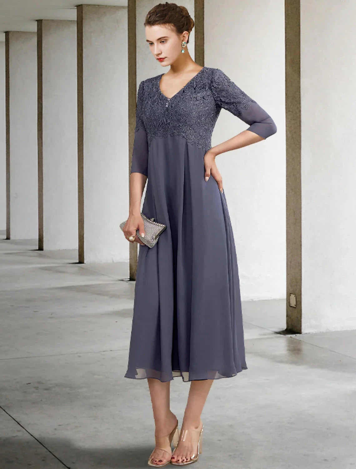 A-Line Mother of the Bride Dress Fall Wedding Guest Plus Size Elegant V Neck Tea Length Chiffon Lace 3/4 Length Sleeve with Ruffles Appliques by YiHuiw