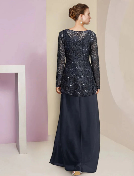 A-Line Mother of the Bride Dress Formal Wedding Guest Elegant High Low Scoop Neck Asymmetrical Tea Length Chiffon Lace Long Sleeve with Pleats Ruched by YiHuiw