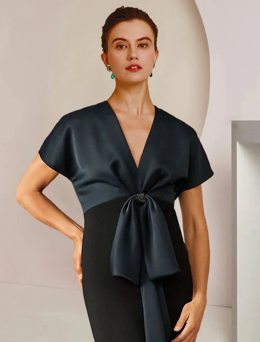 Sheath / Column Mother of the Bride Dress Formal Wedding Guest Party Elegant Jewel Neck Floor Length Satin Short Sleeve with Bow(s) Color Block by YiHuiw