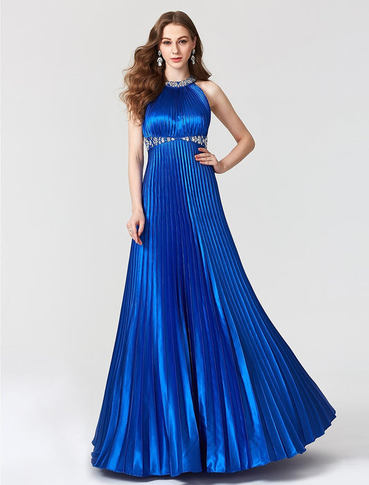 A-Line Beautiful Back Dress Holiday Cocktail Party Floor Length Sleeveless Jewel Neck Satin with Pleats Beading by YiHuiw