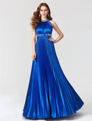 A-Line Beautiful Back Dress Holiday Cocktail Party Floor Length Sleeveless Jewel Neck Satin with Pleats Beading