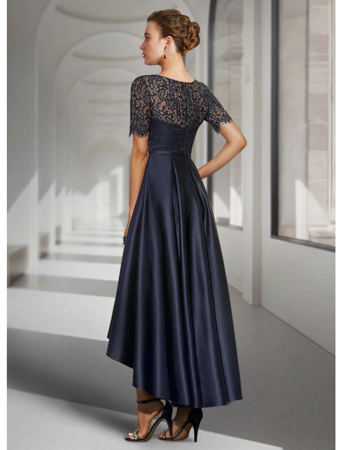 A-Line Mother of the Bride Dress Fall Wedding Guest Elegant High Low Jewel Neck Asymmetrical Tea Length Satin Lace Short Sleeve with Pleats by YiHuiw