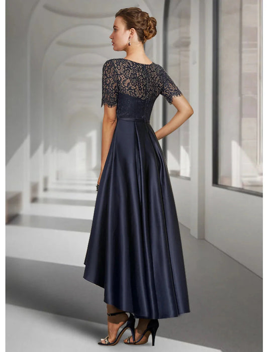 A-Line Mother of the Bride Dress Fall Wedding Guest Elegant High Low Jewel Neck Asymmetrical Tea Length Satin Lace Short Sleeve with Pleats by YiHuiw