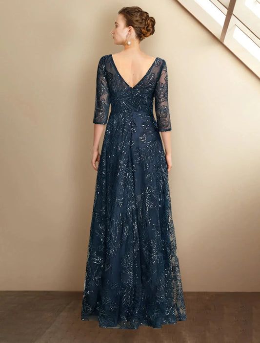 A-Line Mother of the Bride Dress Elegant Sparkle & Shine V Neck Floor Length Chiffon Lace Sequined 3/4 Length Sleeve with Sequin Appliques by YiHuiw