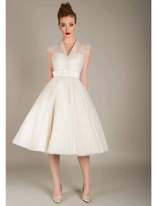 A-Line Cocktail Dresses 1950s Dress Graduation Cocktail Party Knee Length Sleeveless V Neck Wednesday Addams Family Tulle with Sash / Ribbon by YiHuiw