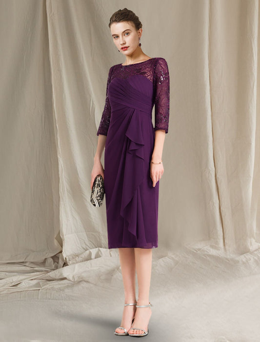 Sheath / Column Mother of the Bride Dress Plus Size Elegant Jewel Neck Knee Length  Chiffon Short Sleeve with Sequin Side-Draped