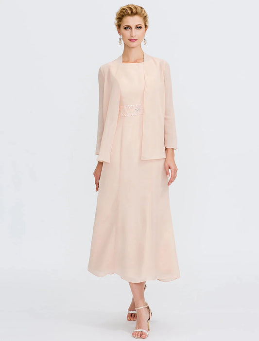 Two Piece Sheath / Column Mother of the Bride Dress Wedding Guest Plus Size Elegant with Jacket Long Sleeve Scoop Neck Tea Length Chiffon Sash / Ribbon Pleats Beading by YiHuiw