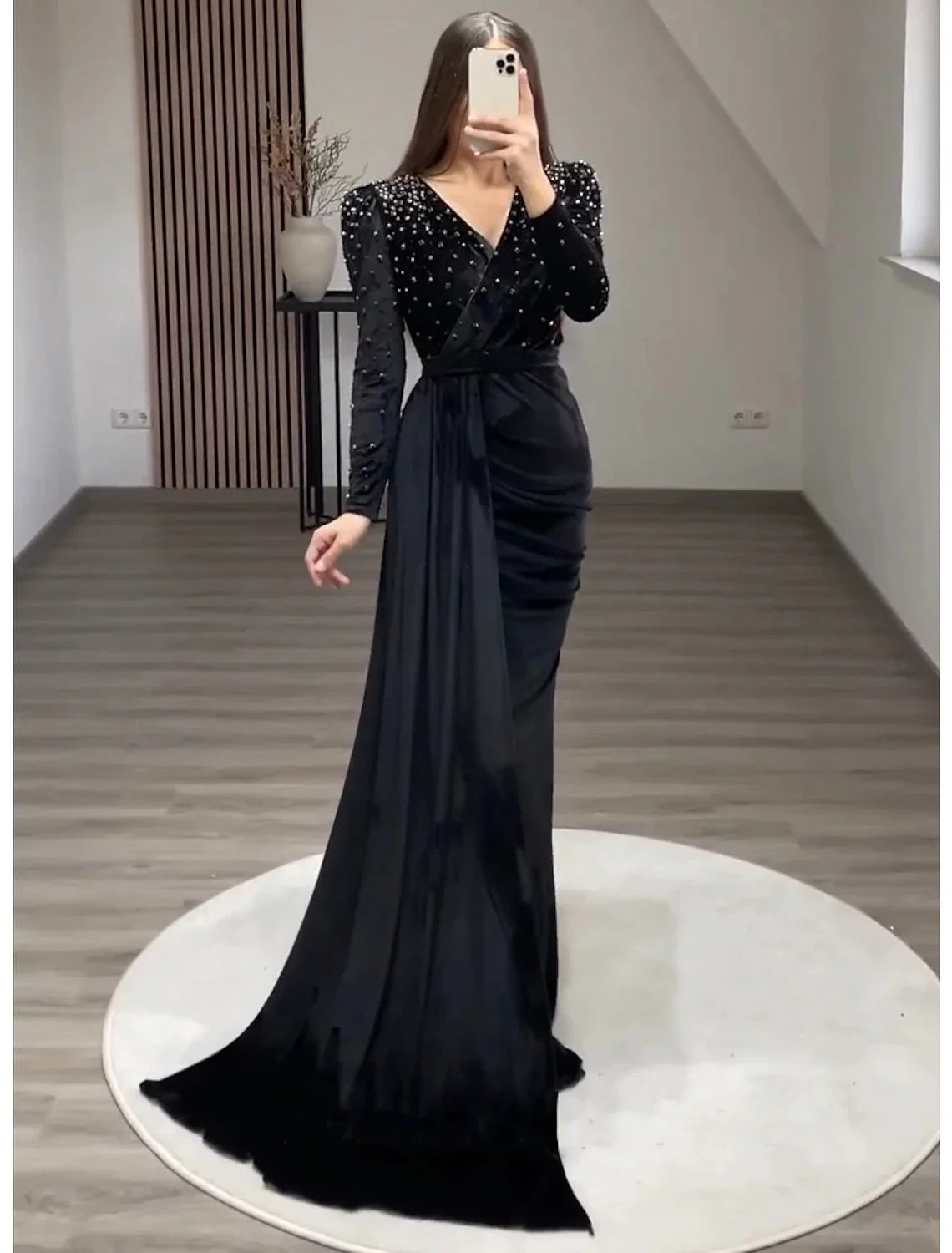 Mermaid Party Dress Evening Gown Maxi Dress Formal Black Tie Gala Floor Length Long Sleeve V Neck Fall Wedding Guest Velvet with Ruched Pearls by YiHuiw