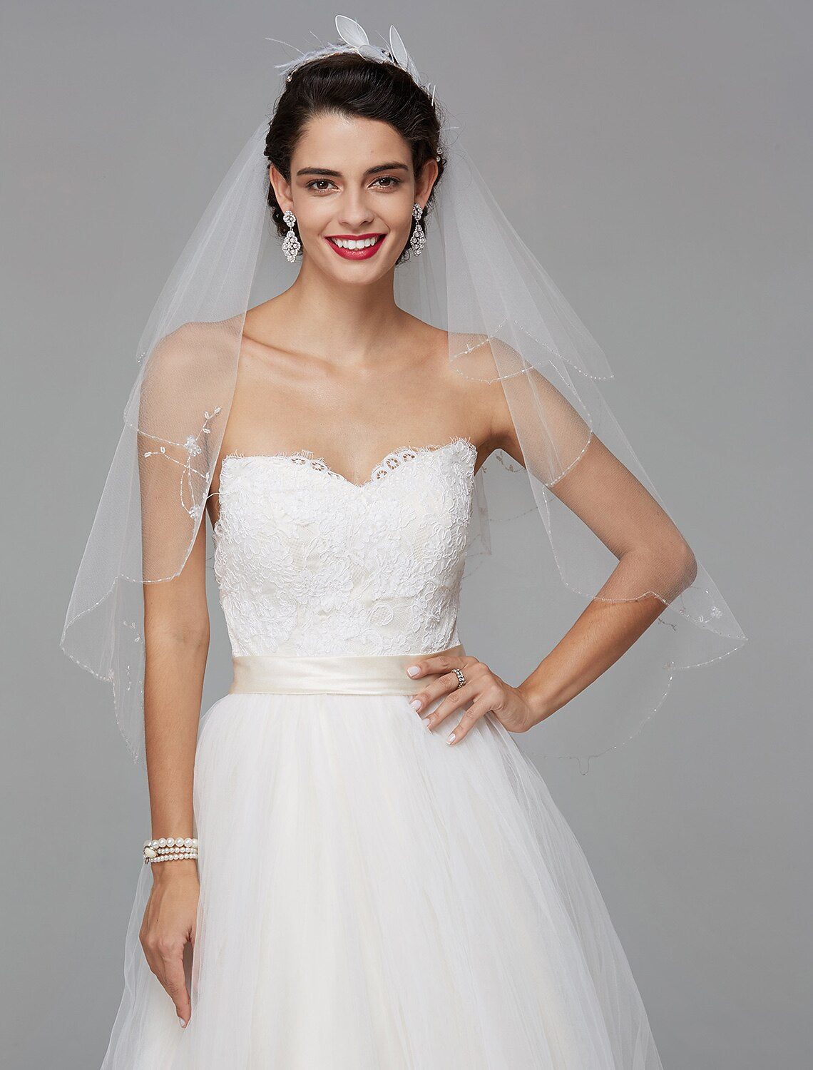A-Line Wedding Dresses Sweetheart Neckline Court Train Lace Tulle Sleeveless Wedding Dress in Color with Sash / Ribbon Buttons by YiHuiw
