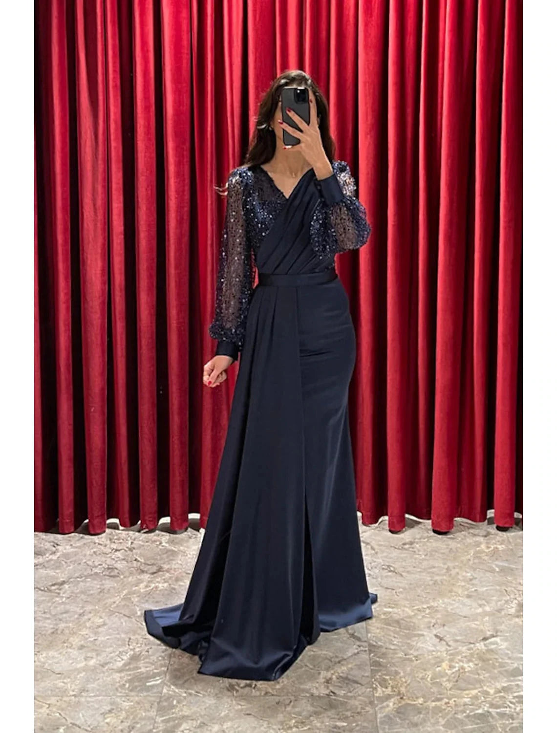 A-Line Evening Gown Sparkle & Shine Dress Formal Fall Sweep / Brush Train Long Sleeve V Neck Sequined with Glitter Pleats by YiHuiw