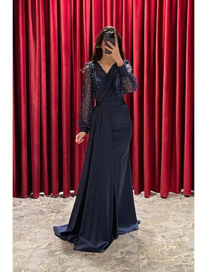 A-Line Evening Gown Sparkle & Shine Dress Formal Fall Sweep / Brush Train Long Sleeve V Neck Sequined with Glitter Pleats by YiHuiw