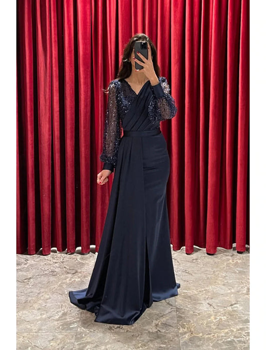 A-Line Evening Gown Sparkle & Shine Dress Formal Fall Sweep / Brush Train Long Sleeve V Neck Sequined with Glitter Pleats by YiHuiw