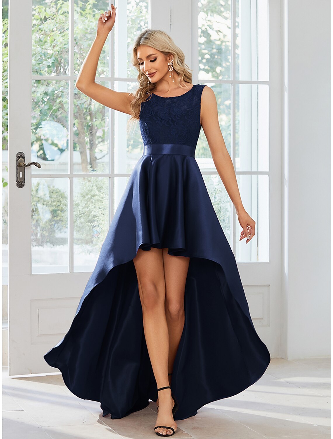 A-Line Wedding Guest Dresses Casual Dress Party Wear Asymmetrical Sleeveless Jewel Neck Satin with Pure Color by YiHuiw