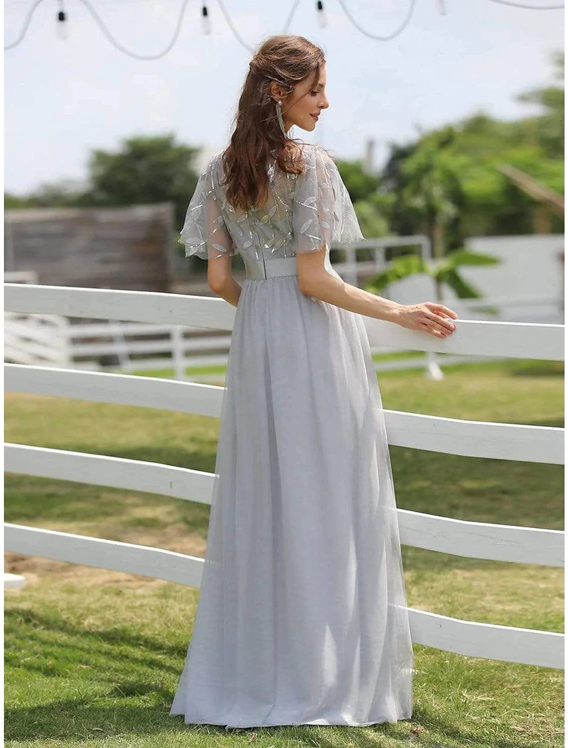 A-Line Empire Elegant Party Wear Prom Dress Jewel Neck Short Sleeve Floor Length Tulle with Embroidery by YiHuiw