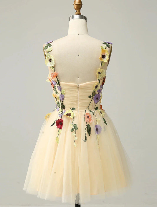 A-Line Homecoming Dresses Floral Dress Cocktail Party Garden Party Short / Mini Sleeveless Spaghetti Strap Tulle with Appliques by YiHuiw