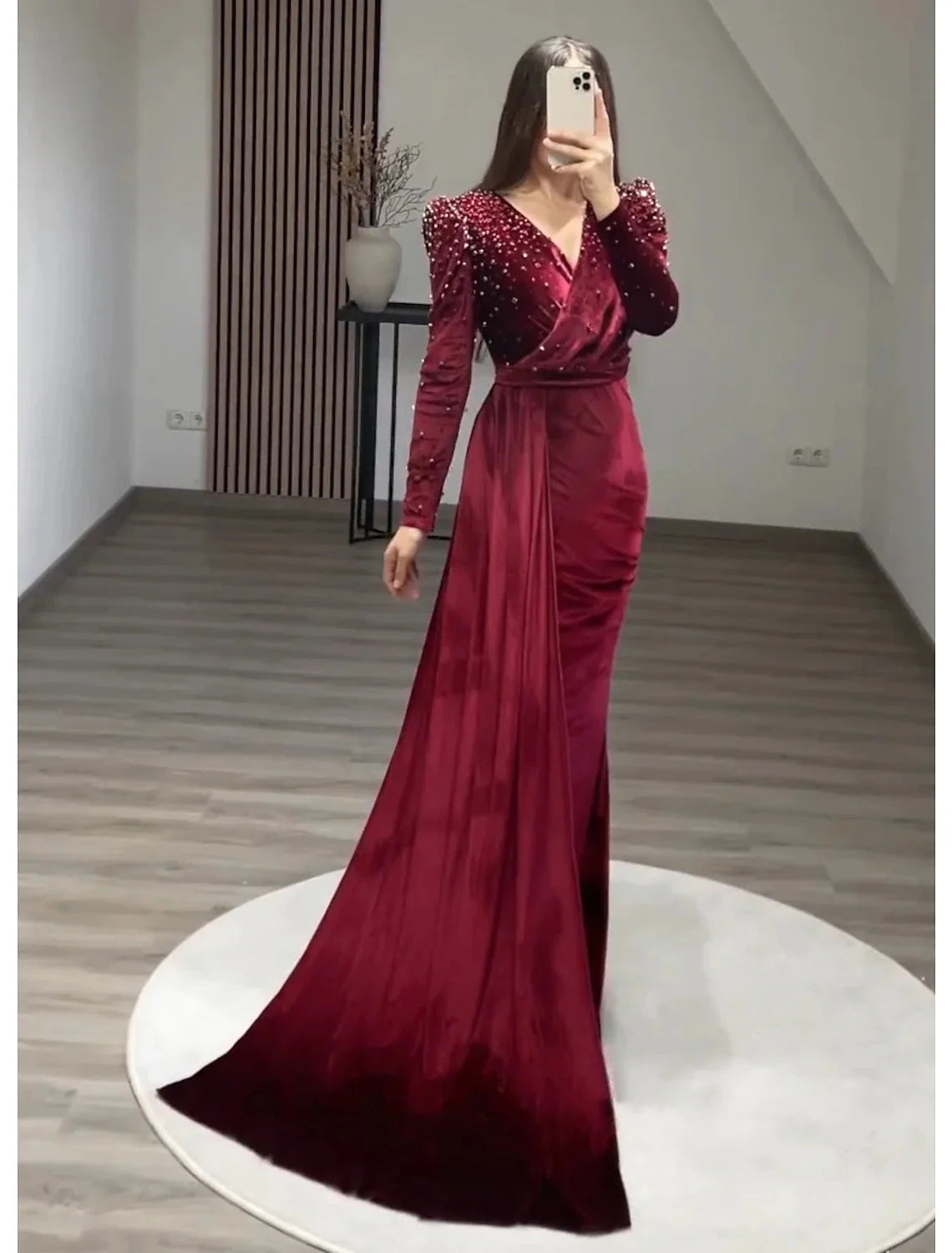 Mermaid Party Dress Evening Gown Maxi Dress Formal Black Tie Gala Floor Length Long Sleeve V Neck Fall Wedding Guest Velvet with Ruched Pearls by YiHuiw