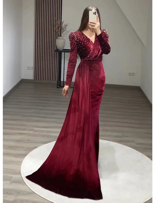 Mermaid Party Dress Evening Gown Maxi Dress Formal Black Tie Gala Floor Length Long Sleeve V Neck Fall Wedding Guest Velvet with Ruched Pearls by YiHuiw