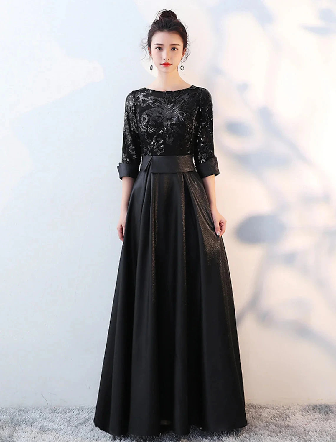 A-Line Bridesmaid Dress Jewel Neck Long Sleeve Beautiful Back Floor Length Satin / Tulle / Sequined with Sash / Ribbon / Pleats by YiHuiw