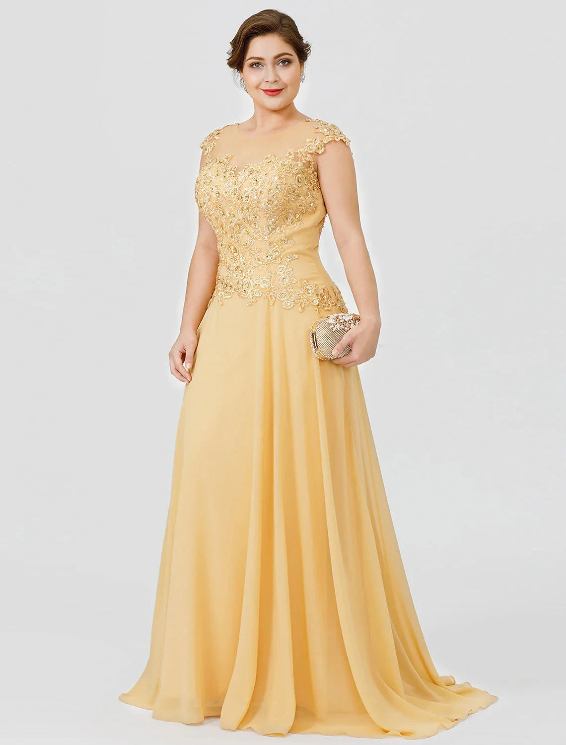 A-Line Mother of the Bride Dress Fall Wedding Guest Dresses Plus Size Elegant Illusion Neck Sweep / Brush Train Chiffon Beaded Lace Short Sleeve with Bow(s) Pleats by YiHuiw
