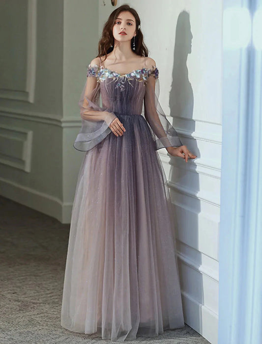 A-Line Minimalist Elegant Party Wear Prom Dress Off Shoulder Long Sleeve Floor Length Tulle with Appliques by YiHuiw