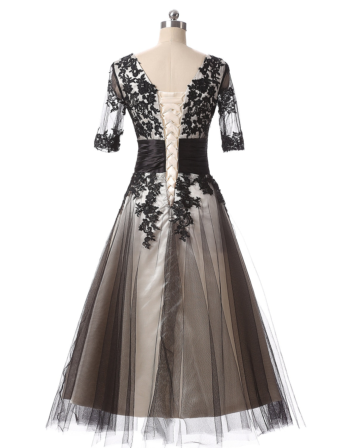 Ball Gown Evening Gown Color Block Dress Formal Evening Ankle Length Half Sleeve Jewel Neck Fall Wedding Guest Lace with Lace Insert Appliques by YiHuiw