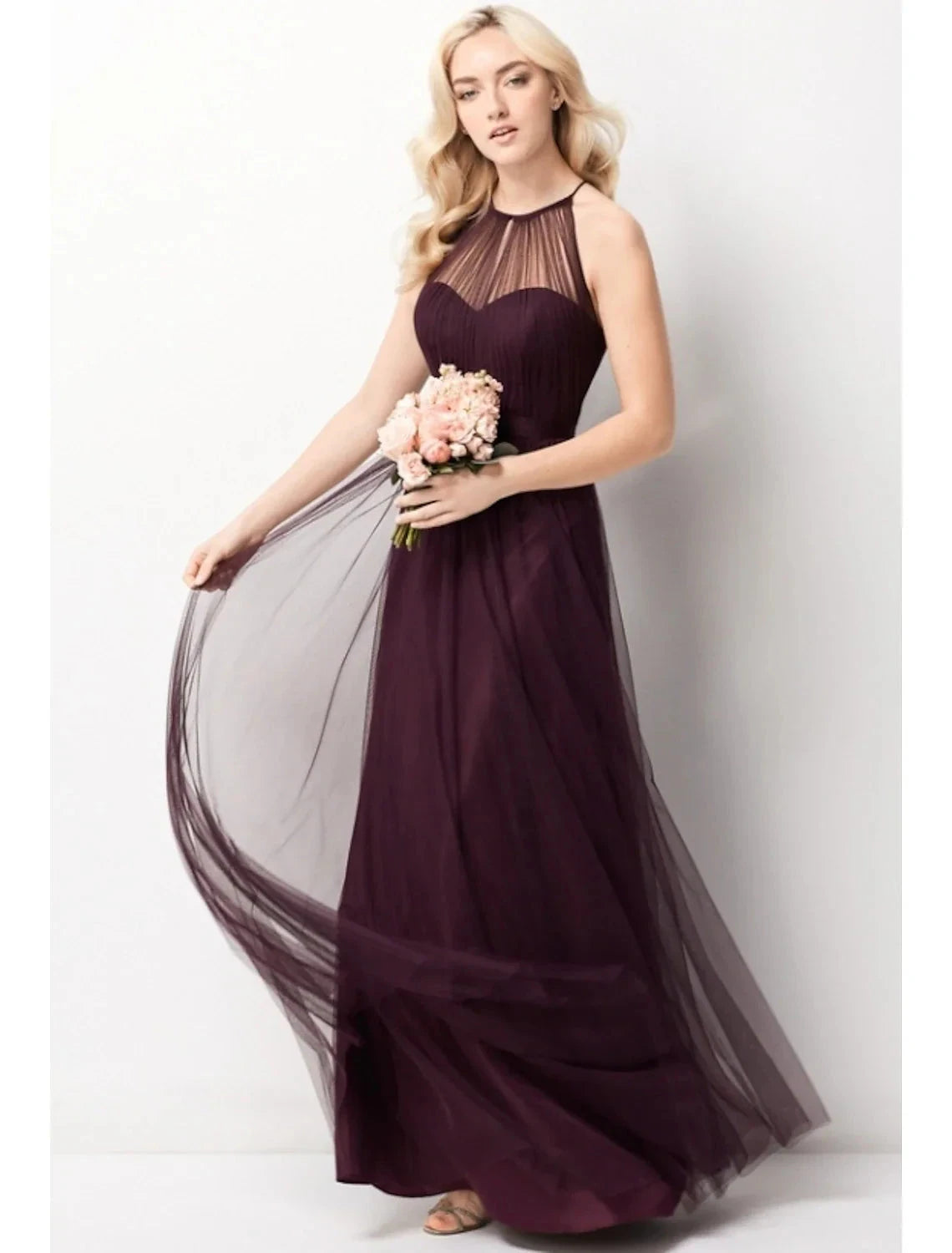A-Line Bridesmaid Dress Halter Neck Sleeveless Elegant Floor Length Chiffon / Tulle with by YiHuiw