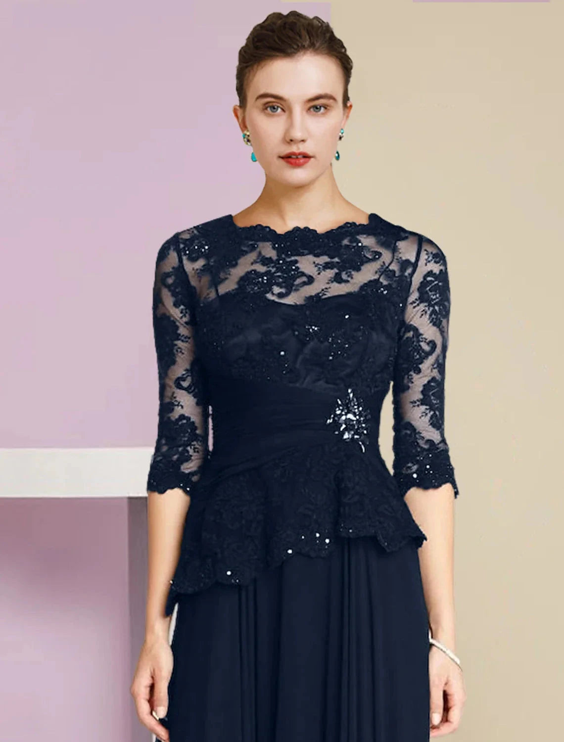 A-Line Mother of the Bride Dress Formal Wedding Guest Elegant Scoop Neck Floor Length Chiffon Lace Half Sleeve with Pleats Appliques Crystal Brooch by YiHuiw