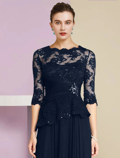 A-Line Mother of the Bride Dress Formal Wedding Guest Elegant Scoop Neck Floor Length Chiffon Lace Half Sleeve with Pleats Appliques Crystal Brooch by YiHuiw